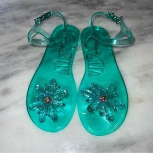 Betsey Johnson Tabby Jelly Sandals-Turquoise Flower-Ankle Strap-Size 7